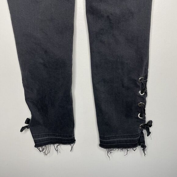 MANGO Denim Jeans Women 2 Black Corset-Tie Raw Hem Detail Slim MNG - Picture 9 of 14